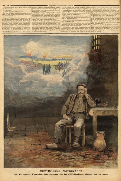 Eugene Turpin (1848-1927) kemisti, vuonna 1884 meliniitin (räjähteen) keksijä sellissään, syytettynä (väärin) keksintönsä myymisestä viholliselle. Hän inspiroi Jules Verneä Thomas Rochin hahmoon romaanissa Face au drapeau. Kaiverrus sisään tekijältä Unknown artist
