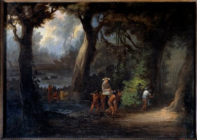 Evankelisointi: "Intiaanit kantavat pankkien lähetyssaarnaajia Etelä-Amerikassa""" Nimetön 1800-luvun maalaus. La Rochelle, Uuden maailman museo tekijältä Unknown artist