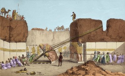 Niniven (Nineve) kaivaukset - Henri Layardin Nimrudin (Nimroud) rauniot (Mesopotamian matkansa jälkeen 1800-luvulla); suuren härän siiven vaihto - Siivekäs härän lähetys Nimrudista Sir Austen Henryn kaivausten aikana tekijältä Unknown artist