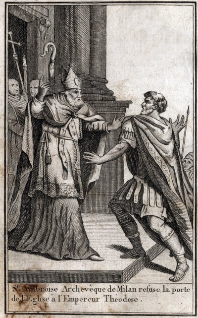 Ekskommunikaatio: Milanon Pyhän Ambroseuksen kaari (Aurelius Ambrosius, Ambrogio di Milano (340-397) kieltää kirkon oven Rooman keisarilta Theodosius I:ltä (Flavius Theodosius) (347-395) rangaistakseen häntä Thessalonikin verilöylystä 390. Kaiverrus sisään tekijältä Unknown artist