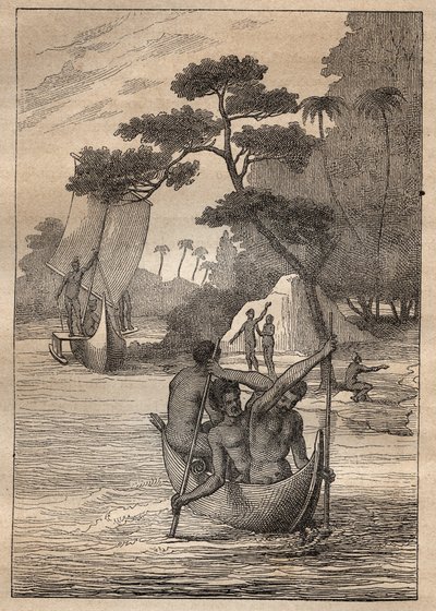 Nicolas Thomas Marion-Dufresnen (Marion Dufresnen) (1729-1772) retkikunta: kanootteja Admiraut-saarilta (Bismarckin saaristo, Papua-Uusi-Guinea) - kuva otettu teoksesta "" 1700-luvun suuret merenkulkijat"" tekijältä Unknown artist