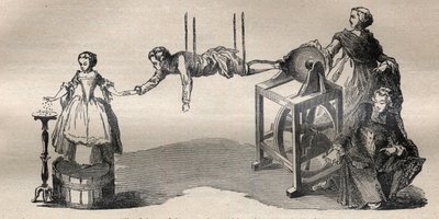 Francis Hauksbee vanhimman (1666-1713) sähkökoneella tekemä kokemus - Kaiverrus "" La Science francaise"" tekijältä Unknown artist