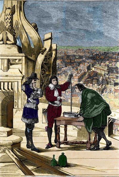Kokemus Blaise Pascalista elohopeabarometrin kanssa Tour Saint Jacques la Boucherien huipulla Pariisissa. tekijältä Unknown artist