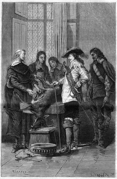 William Harveyn (1578-1657), englantilaisen lääkärin kokemus, joka näyttää Englannin kuninkaalle Charles I Stuartille (1600-1649) ja Lontoon Royal Collegen lääkäreille elävän hirven verenkierron ilmiön. Kaiverrus "" La Nature"" tekijältä Unknown artist