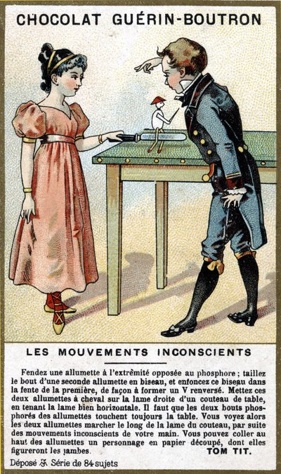 Kahden lapsen kokemus tulitikuista ja veitsestä. Suklaapakkausten kromolitografia Guérin Boutron. tekijältä Unknown artist
