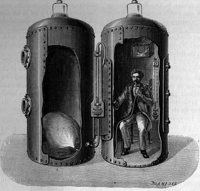 Fysiologi Paul Bertin (1833-1886) kokemus barometrisesta paineesta: suroksigeenisen ilman hengittäminen, laajenee painetta alentamalla. Kaiverrus "" La Nature: revue des sciences et de leurs applications aux arts et a l