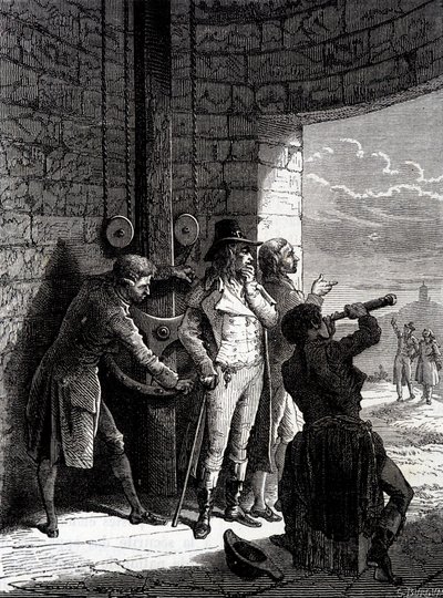 Kokeilu Chappe-lennättimestä 12. heinäkuuta 1793 Ménilmontantista Saint-Martin-du-Tertreen konventin komissaarien edessä - Louis Figuierin teoksessa "Teollisuuden ihmeet" tekijältä Unknown artist