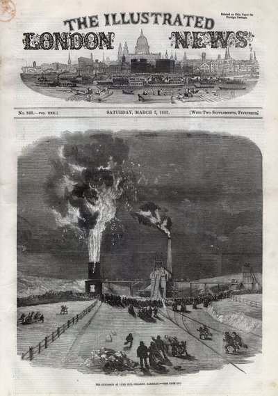 Räjähdys Lund Hillin hiilikaivoksessa (Lundhill) Barnsleyssä, Englannissa. Sanomalehti. Kaiverrus "" The Illustrated London News" -julkaisuun 7. maaliskuuta tekijältä Unknown artist