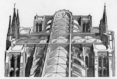 Cathedrale de Chartresin (28) ulko- ja yläosa 4. ja 5. kesäkuuta tapahtuneen tulipalon jälkeen - "Le magasin viehättävässä", heinäkuussa 1836. tekijältä Unknown artist