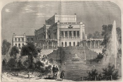Ulkokuva Leipzigin uudesta teatterista Saksassa. Kaiverrus "" L