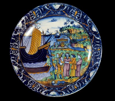 Kuningas Ariuksen vastaanottama fajanssi, joka edustaa Eneen saapumista Delokseen. 1497 Sevres, kansallinen renessanssimuseo tekijältä Unknown artist