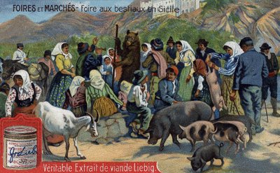 Messut ja markkinat: karjamessut Sisiliassa. Kromolitografia, Liebig-kuva. tekijältä Unknown artist