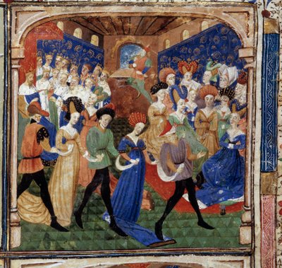 Kuningas Arthurin hovissa juhlitaan Queen Genievreä, jota ympäröi 12 kuningasta. Miniatyyri käsikirjoituksesta "Graalin kuningattaren romaani" 1450-1460 Dijon. Kaupungin kirjasto tekijältä Unknown artist