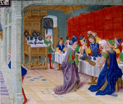 Juhla-ateriakohtaus, riikinkukko tarjoillaan pöydälle. Miniatyyri otettu Callisthenesin tai Kallisthenesin (n. 360-328 eKr.) "La Vraye Histoire du Bon Roy Alixandresta" tekijältä Unknown artist
