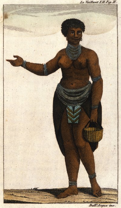 Eteläafrikkalaisen hottentottien heimon naisjäsen, kaiverrus vuodelta 1820. tekijältä Unknown artist