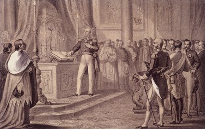 Ferdinand I Bourbon tai Ferdinand IV (1751 - 1825), Napolin kuningas, vihki vuoden 1820 perustuslain käyttöön "" Storia d