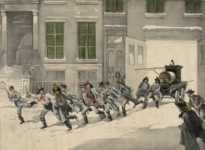 Palomiehet lähettävät hätäpuhelut palopaikalle, akvarelli vuodelta 1895. USA tekijältä Unknown artist