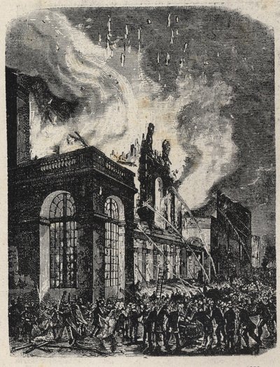 Opera de la rue Lepelletier (Le Peletier) tulipalo Pariisissa 28. lokakuuta tekijältä Unknown artist