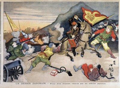 Ensimmäinen Kiinan ja Japanin sota - Kiinan ja Japanin sota: Kiinan lipun ottaminen japanilaisen upseerin toimesta - "Le Petit Journalissa" 29.10.1894 (kaiverrus) tekijältä Unknown artist