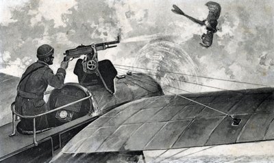 Ensimmäinen maailmansota: "the French aviator Jules Vedrines (1881-1919) aboard his bleriot takes down a German aircraft Taube, 2/09/1914" (Ensimmäinen maailmansota: ranskalainen lentäjä Jules Vedrines Bleriot-lentokoneellaan ampuu alas Tauben konekivääril tekijältä Unknown Artist