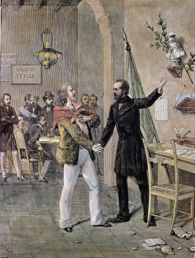 Giuseppe Garibaldin ja Giuseppe Mazzinin ensimmäinen tapaaminen Marseillessa vuonna 1833 (kaiverrus) tekijältä Unknown artist