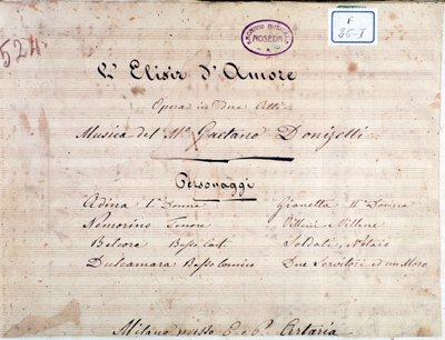 Ensimmäinen sivu nuotteja Gaetano Donizettin oopperaan Rakkauden eliksiiri tekijältä Unknown artist