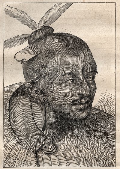 Kapteeni James Cookin (1728-1779) ensimmäinen matka (1768-1771): tatuoitu uuszelandaisin pää (Neo Zelandais) - kuva otettu teoksesta "1700-luvun suuret merimiehet" tekijältä Unknown artist