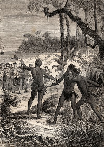Kapteeni James Cookin (1728-1779) ensimmäinen matka (1768-1771): kun Cook ja kymmenen merimiestä purjehtivat Uuden-Guinean pituuspiirin rannikolla, kolme intiaania nousi metsästä suurilla huudoilla - kuva otettu teoksesta "The Great Mariners of 1700-luku"" tekijältä Unknown artist