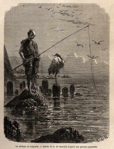 Yedo Bayn (tai Edon, nykyisen Tokion) kalastaja, kotka, matala tamma, tarttui, veneet makaavat kalastajat lahteen kuivatuille kivilohkareille, jälkimmäiset pysyvät suorina, liikkumattomina ja kalastavat hameconin kanssa. kalat, jotka he liukuvat pitkällä tekijältä Unknown artist