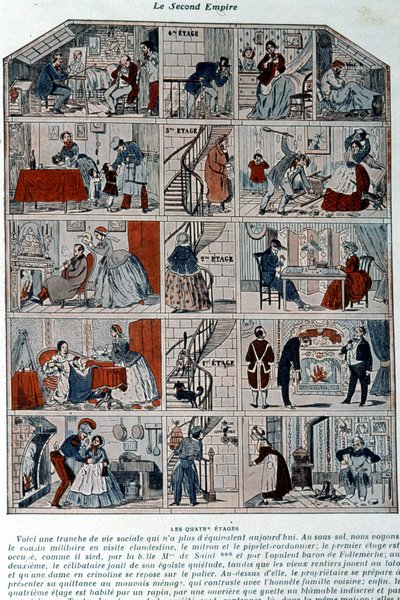 Viisi kerrosta esittävät toisen imperiumin eri yhteiskuntaluokat. Kuvitus on esitetty poikkileikkauksena pariisilaisesta rakennuksesta. tekijältä Unknown artist