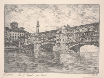 Firenze, Ponte Vecchio ja torni, luultavasti 1800-luvun loppu (etsaus) tekijältä Unknown artist