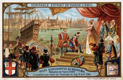 Keskiajan kukkivat kaupungit: Francis Draken (1542-1596) vastaanotto Lontoossa (Englanti), hänen palatessaan Etelä-Amerikasta, 4. huhtikuuta tekijältä Unknown artist