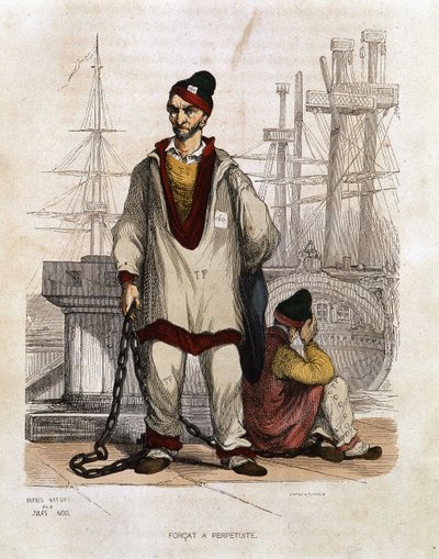 Tuomittu perityssä - teoksessa "" Les Bagnes: historia, tyypit, tapat, mysteeri", kirjoittanut Maurice Alhoy, toim. Gustave Havard, Pariisi tekijältä Unknown artist