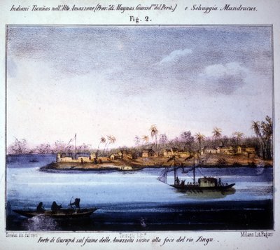 Gurupàn linnoitus Amazon-joella, lähellä Rio Xingun suuta Ecuadorissa. Kaiverrus vuosilta 1846-1848. tekijältä Unknown artist