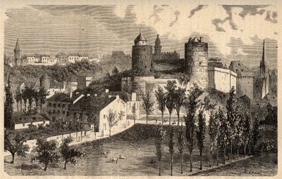Fougeres yleiskuva - Bretagne - kaiverrus kirjaimella "" PATRIE" - KUVAVAATIMUS RANSKAN KUVAUS 6 NÄTEESSÄ LUCIEN HUARD - 1800-luvun loppu tekijältä Unknown artist
