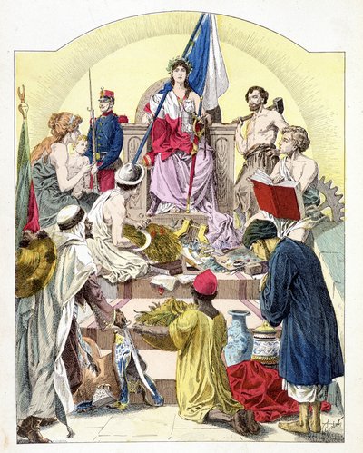 Ranska, Mariannen piirteiden alla, sen persoonallisten siirtokuntien ympäröimänä - kirjassa "Histoire de France", kirjoittanut E. Grobet, n. 1915 tekijältä Unknown artist