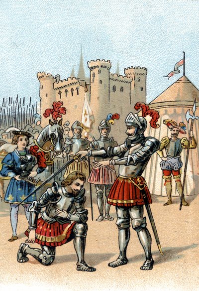Ranskalainen Francis I anoo, että Chevalier Bayard lyöisi hänet ritariksi voiton jälkeen Marignanon taistelussa Italiassa tekijältä Unknown artist