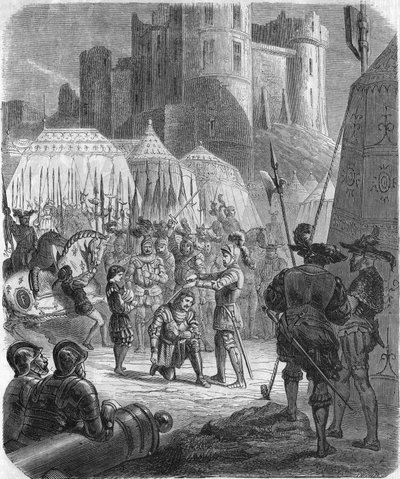 Ranskalainen Francis I anoo, että Chevalier Bayard lyöisi hänet ritariksi voiton jälkeen Marignanon taistelussa Italiassa tekijältä Unknown artist