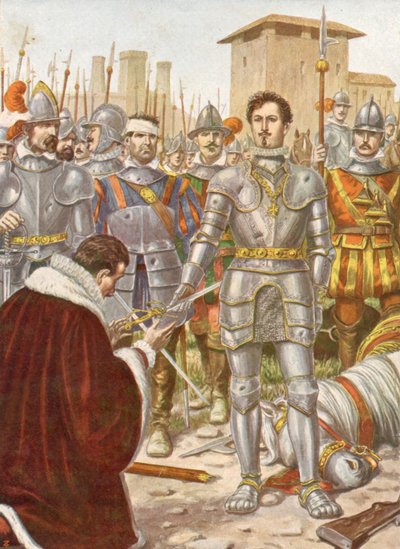 Fransiskus I antaa miekkansa Lannoylle Pavien taistelussa. tekijältä Unknown Artist