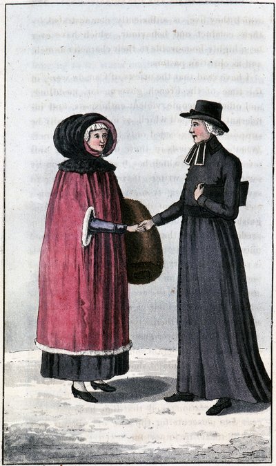 ranskalainen kanadalainen nainen, jeune francaise canadienne; julkaisussa "Travels through Canada and the United States of North America 1806-1808", kirjoittanut John Lambert, toim. Lontoo tekijältä Unknown artist
