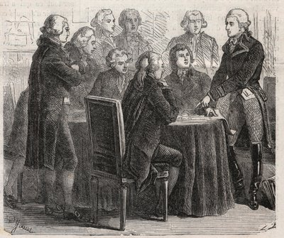 Ranskan vallankumous: Kreivi Louis Marie de Narbonne-Lara (Narbonne Lara) (1755-1813) esittelee suunnitelmiaan edustajakokouksen komiteoissa - Kaiverrus "" The Illustrous World"" tekijältä Unknown artist