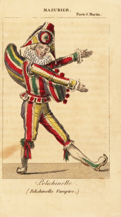 Ranskalainen sarjakuvatanssija ja miimitaiteilija Charles-Francois Mazurier Polichinellona Theodore de Banvillen teoksessa Polichinelle Vampire Theater de la Porte Saint-Martinissa tekijältä Unknown artist