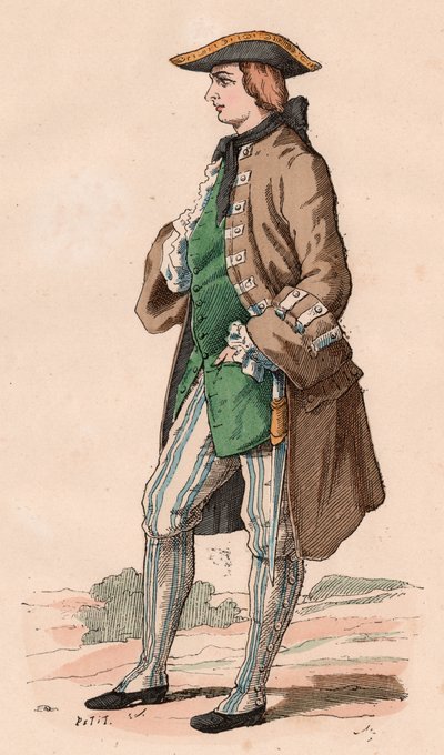 Ranskalainen herrasmies metsästysasussa, yllään takki, liivi ja tricorn hattu tikari kyljessään XVIII vuosisadalla (värikaiverrus) tekijältä Unknown