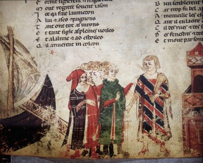 Ranskalainen kauppias Venetsiassa. Benoit de Saint Mauren "Roman de Troy" -miniatyyri. 1300-luvun Biblioteca Marciana, Venetsia tekijältä Unknown artist