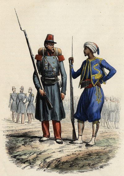 Ranskan armeijan univormu: Vasemmalla muodostui vieraslegioona, joka lähetettiin Algeriaan vuonna 1831. Oikealla alkuperäiskansojen ratsastajat, jotka koulutettiin ja lähetettiin Algeriaan vuonna 1841. L