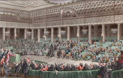 Ranskan vallankumous - Kansalliskokous luopui kaikista etuoikeuksista, 4. elokuuta 1789, kaiverrus Helman - Assemblee - Nationale Abandonment de tous - les privileges, a Versailles, Seance de la - Nuit du 4 au 5 avril 1789 tekijältä Unknown artist