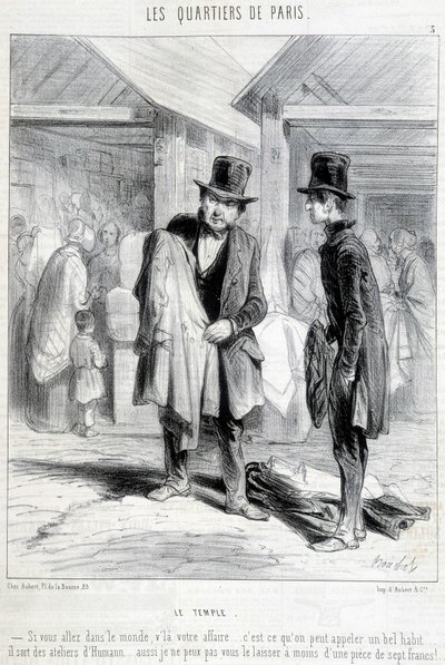 Fripier Pariisin temppelialueelta yrittää myydä vaatteita miehelle. Kaiverrus 1800-luvulta. tekijältä Unknown artist
