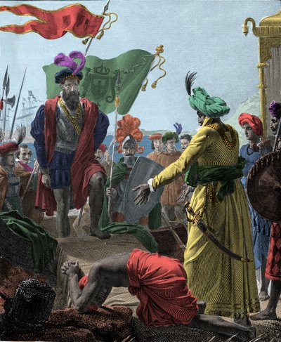 Vasco de Gamasta (1469-1524, portugalilainen tutkimusmatkailija) Calicutiin (nykyinen Kozhikode) Intiassa vuonna 1498. Kaiverrus 1817... tekijältä Unknown artist