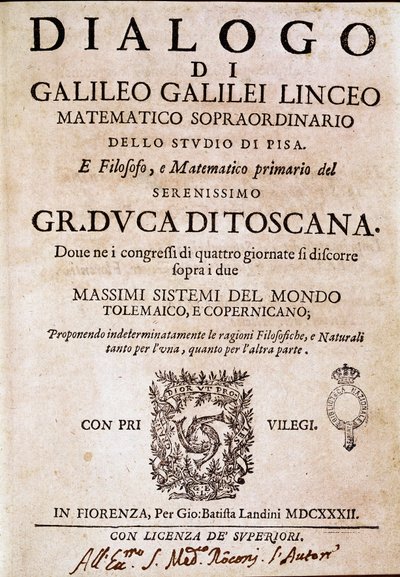 "" Dialogi maailman kahdesta suuresta järjestelmästä"" (dialogo sopra i due massimi sistemi del mondo), jonka paavi Urbanus VIII tilasi tähtitieteilijälle ja fyysikolle Galileo Galilei dit Galilealle (1564-1642) noin vuonna 1620 ja julkaistiin vuonna 1632. tekijältä Unknown artist