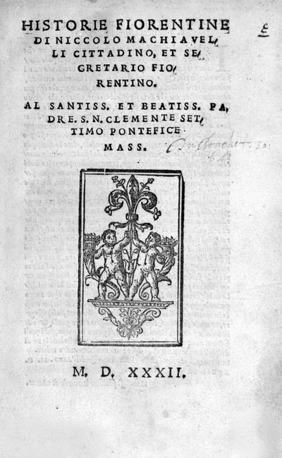 Niccolo (Bernardo dei) Machiavellin (Nicolas Machiavel) Historie Fiorentinen etukuva tekijältä Unknown artist
